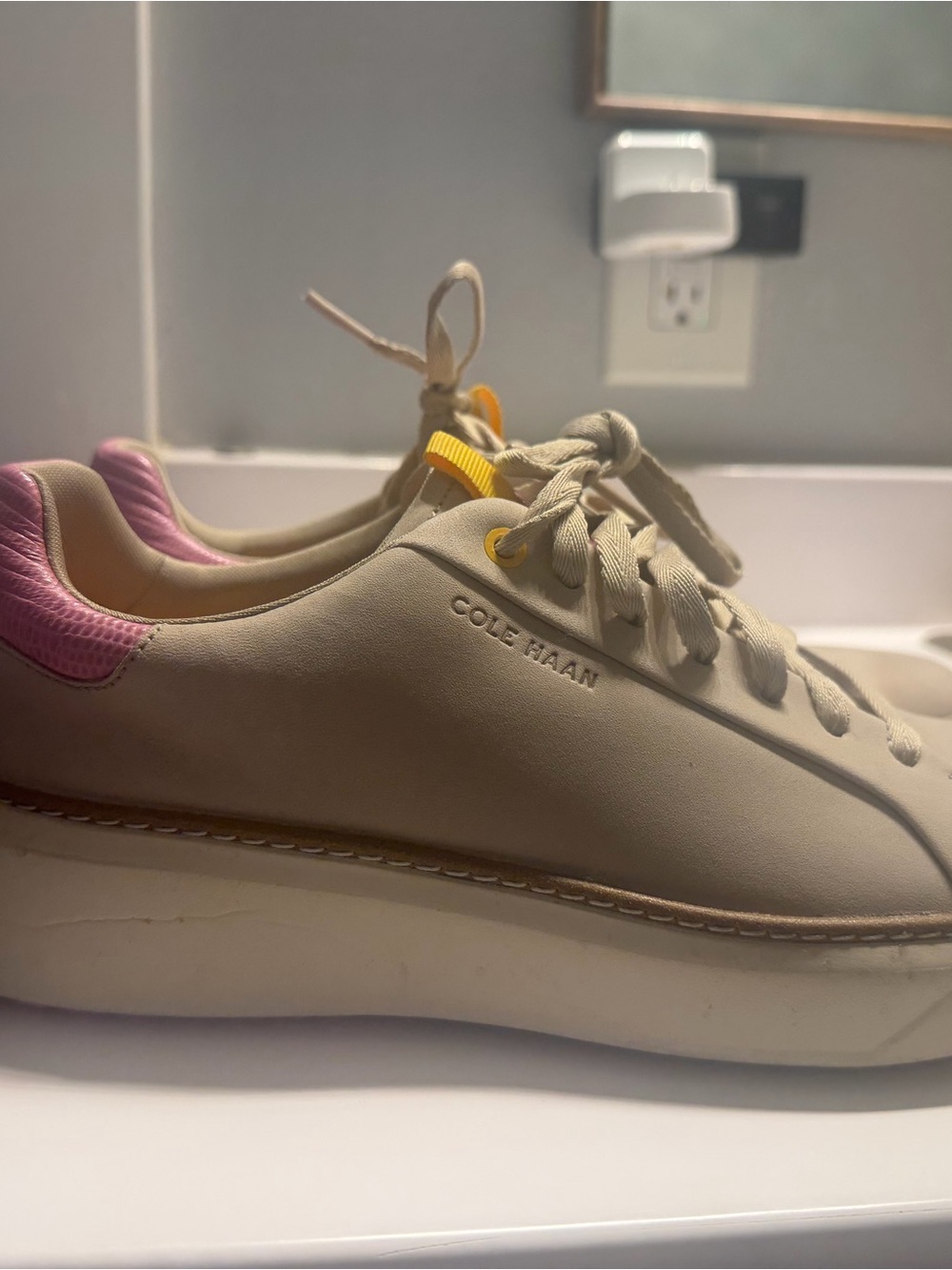 Cole Haan Beige Sneakers with Pink Heel and Yellow Lace Accent - Picture 4 of 4